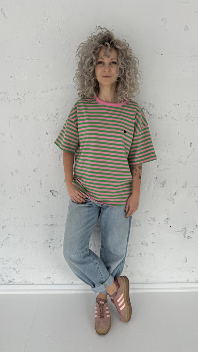 T-shirt classic pink/green stripes- rękaw 3/4