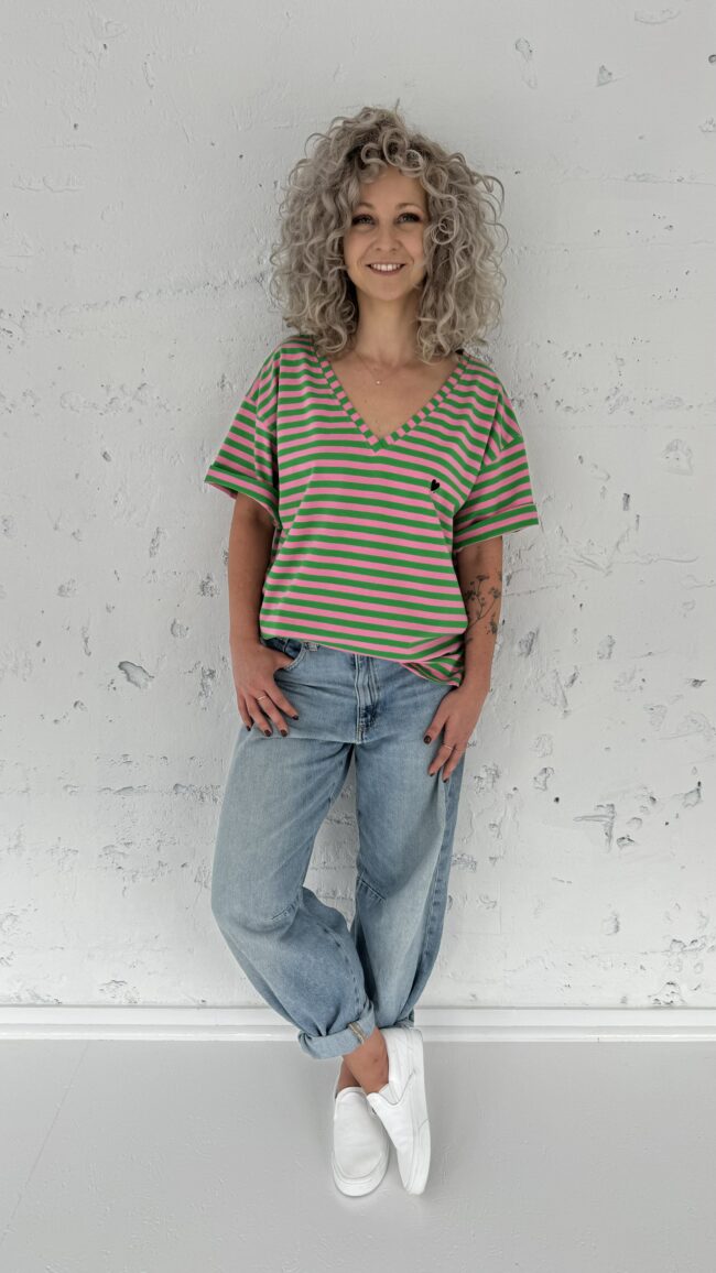 T-shirt V pink/green stripes