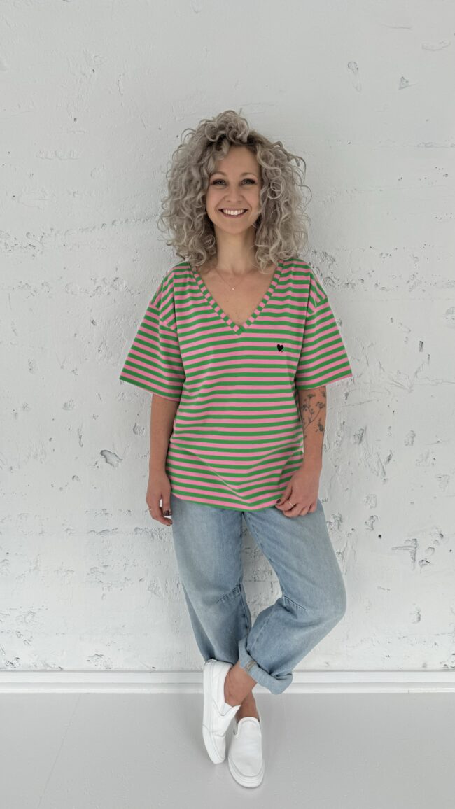 T-shirt V pink/green stripes - obrazek 2