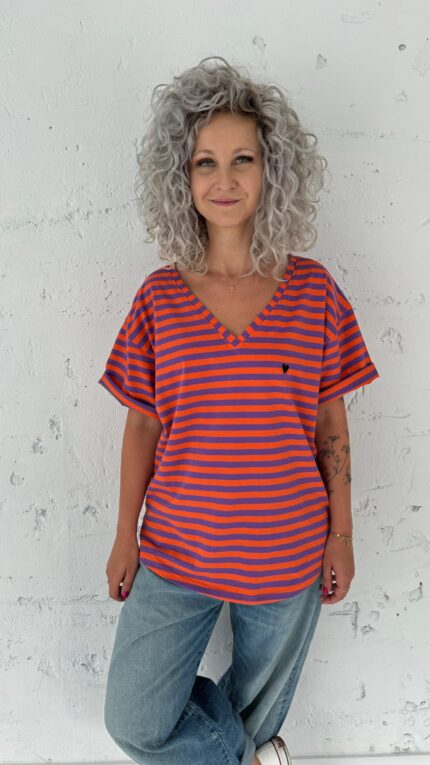 T-shirt V orange/purple stripes
