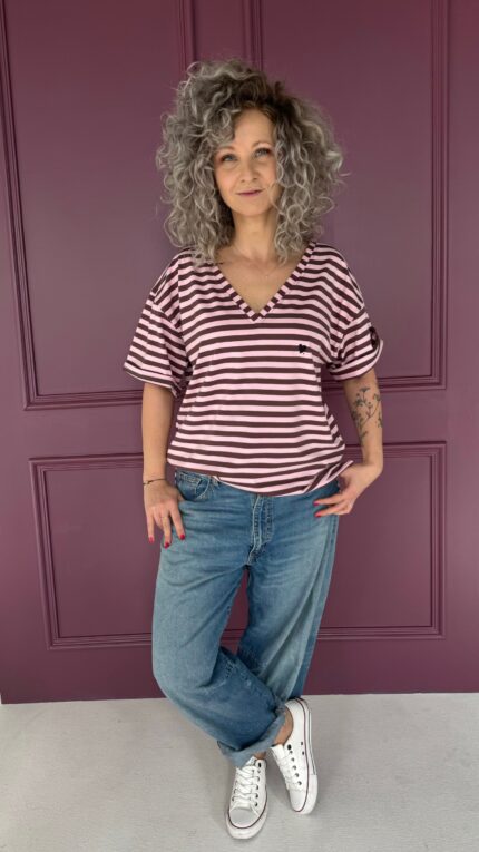 T-shirt V pink / brown stripes