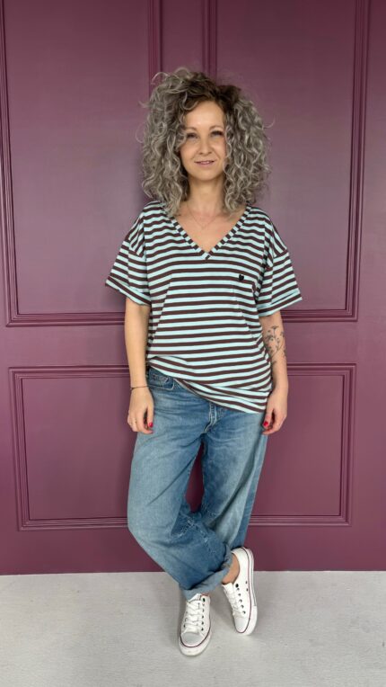 T-shirt V blue / brown stripes
