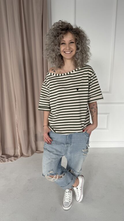 T-shirt Kaja paski ecru/zielone