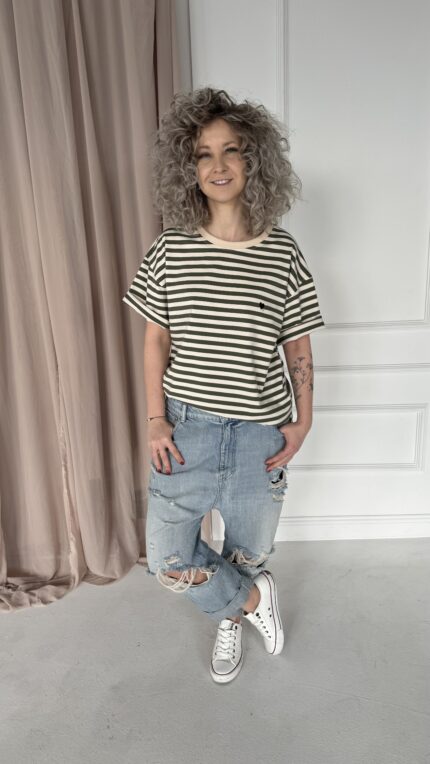 T-shirt Classic paski ecru/zielone